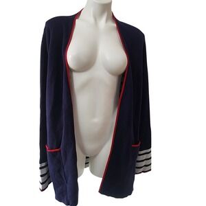 Talbots Navy Blue, Red, & White open front long cardigan Size Large Cotton Blend